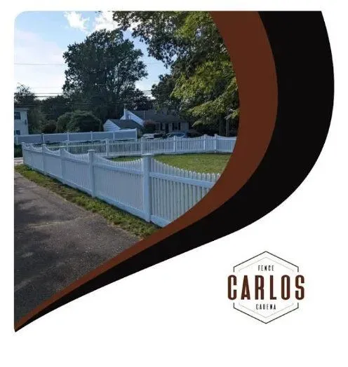 White picket fence surrounds a yard, brown and black abstract overlay,