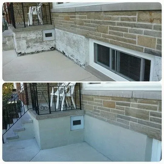 Before-and-after view of a basement window well and exterior concrete wall repair.