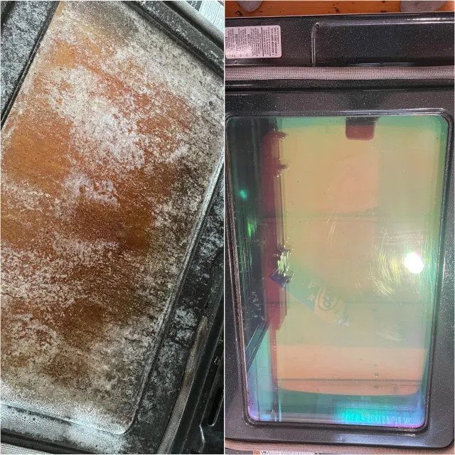 Left side shows a dirty, stained baking sheet or pan. Right side shows an oven or microwave with a glass door, displaying a colorful reflection and a tube of some substance inside.