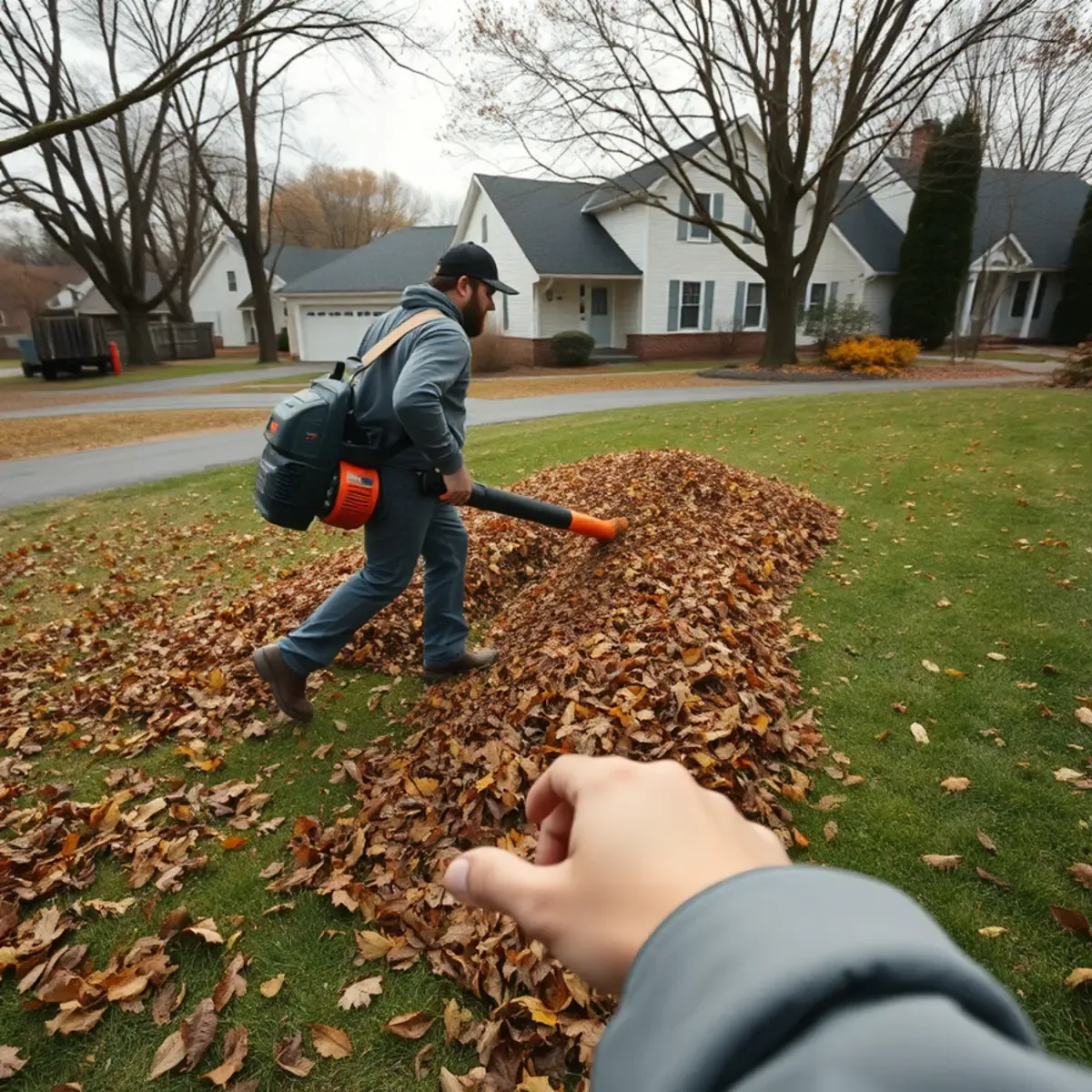 Fall leaf cleanup in progress on a lawn in Whitman, MA