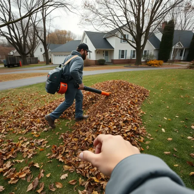 Fall leaf cleanup in progress on a lawn in Whitman, MA