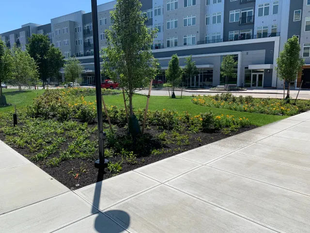 Modern building with landscaped green area in Boston, MA.