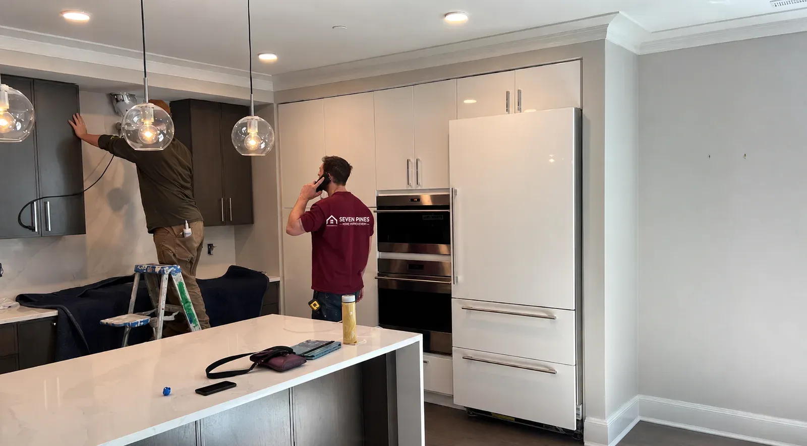 Seven Pines Home Improvement team working on a kitchen remodeling project in Shrewsbury, Massachusetts