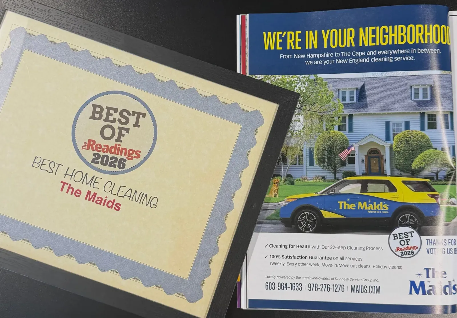 Two booklets on a dark surface, one cream “Best of” booklet and one colorful “We’re in your neighborhood!” guide.