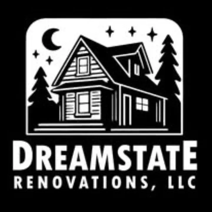 Dreamstate Renovations, LLC logo featuring a house surrounded by trees, stars, and a crescent moon, representing expert home renovations and custom remodeling services.
