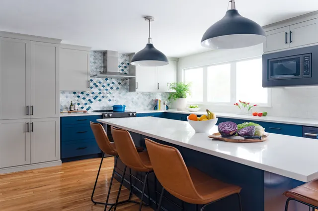 Wakefield Kitchen Design and Remodel with mosaic tile backsplash and blue cabinets