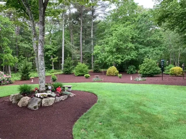 A lush green lawn with trees and rocks in the background