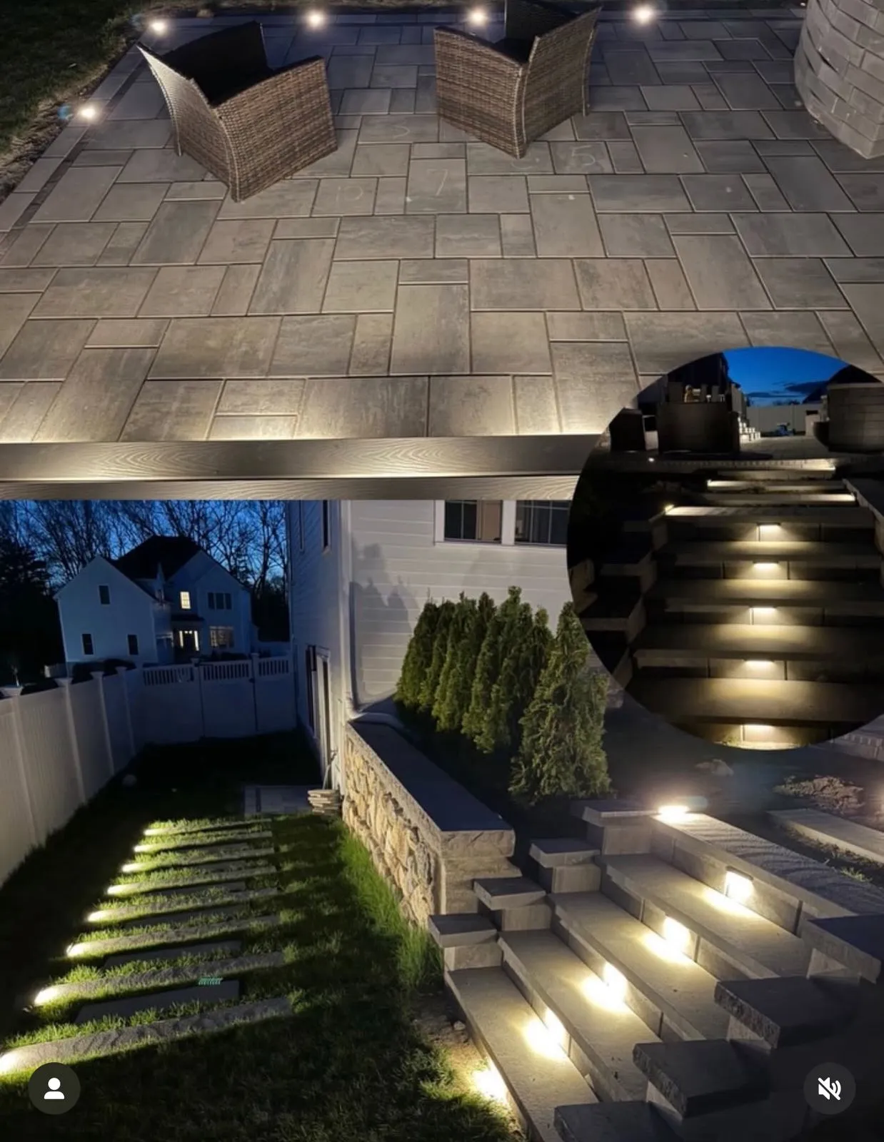 Illuminated stone patio with custom pavers and landscape lighting at night