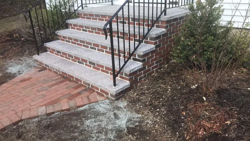 Brick steps with a black metal railing leading up to a porch, surrounded by dirt and bushes.