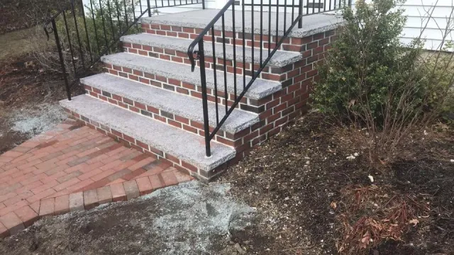 Brick steps with a black metal railing leading up to a porch, surrounded by dirt and bushes.