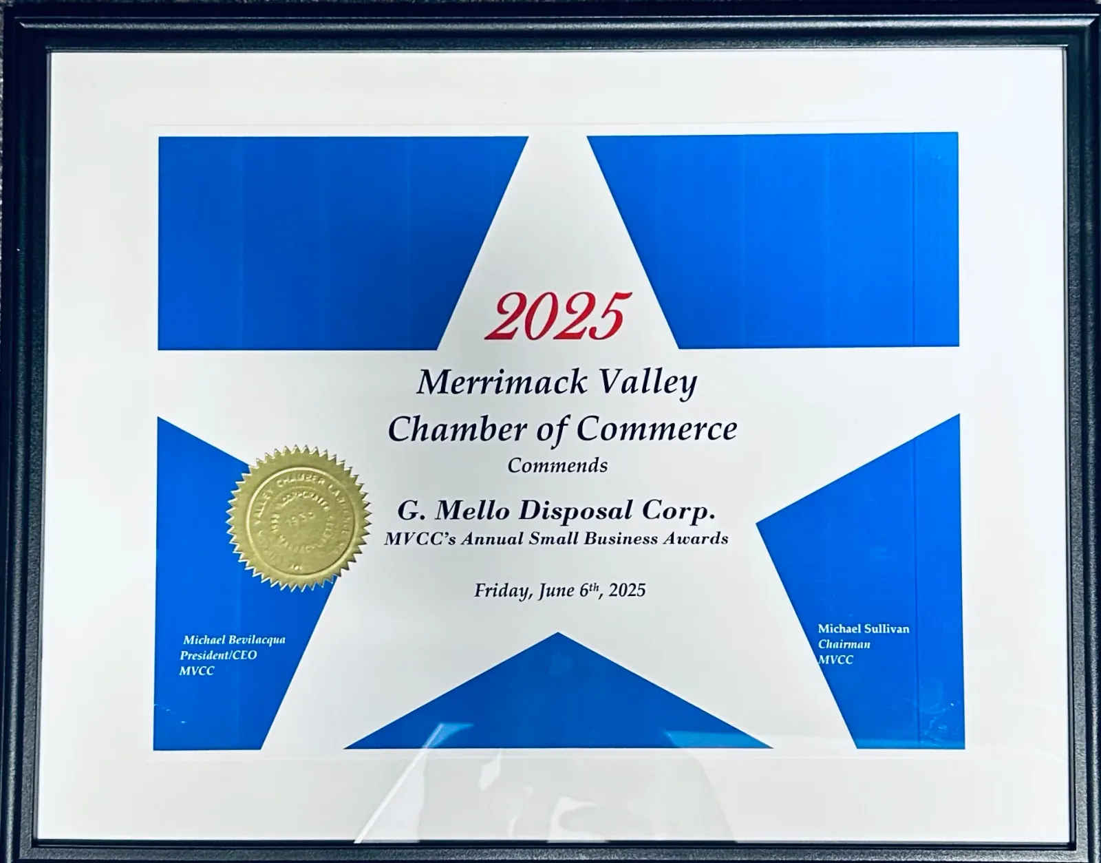 2025 Merrimack Valley Chamber of Commerce award to G. Mello Disposal Corp