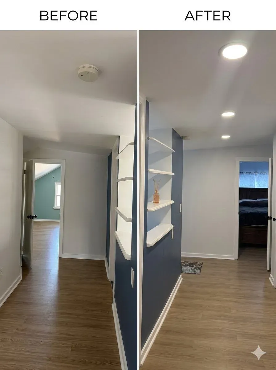 Before-and-after view of a renovated hallway with wood floors, white walls, and added recessed lighting.