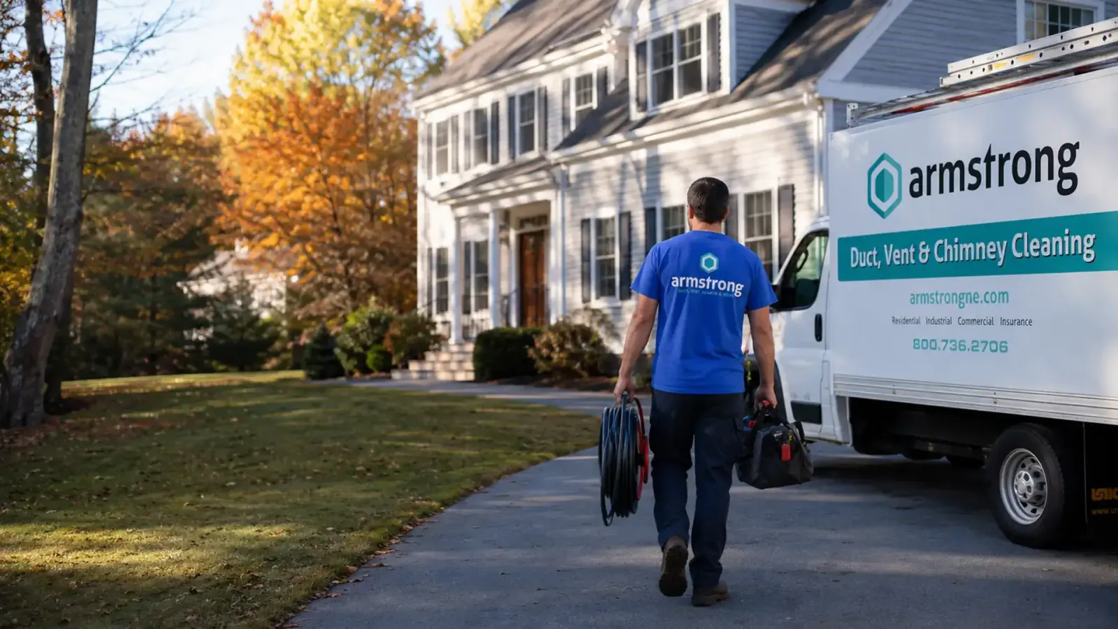 Armstrong technician arriving at a New Hampshire home for air duct and vent cleaning