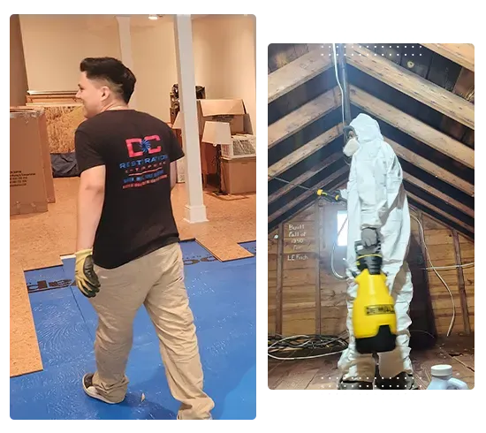 Collage of wood floor repair and mold remediation services
