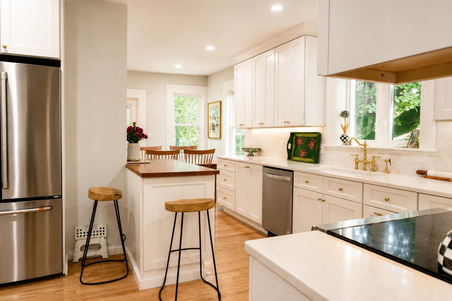 Cambridge kitchen remodel — butcher-block peninsula and dining area