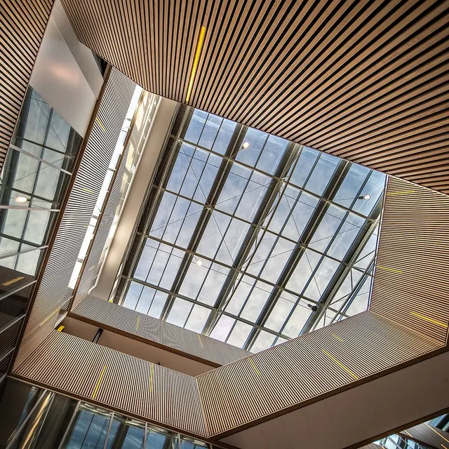 A low-angle view of a rectangular glass skylight framed by light-toned, linear wooden slat ceiling panels.