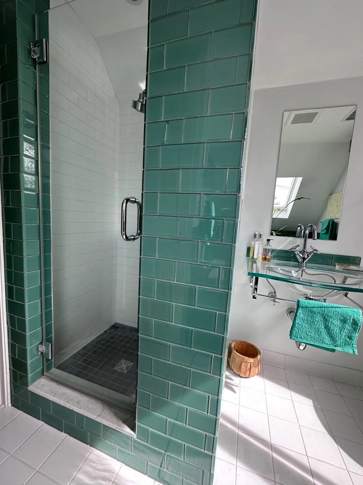 Green tile bathroom shower