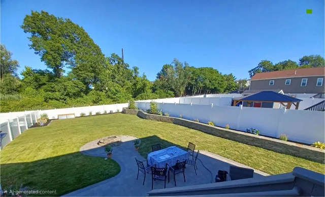 After: Backyard patio with dining area and privacy fence