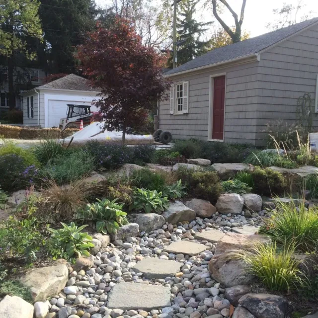 Baltimore, MD installation. Planting by Wildscape Design; stonework by Beckman Masonry; site design and construction oversite by Garden Architecture