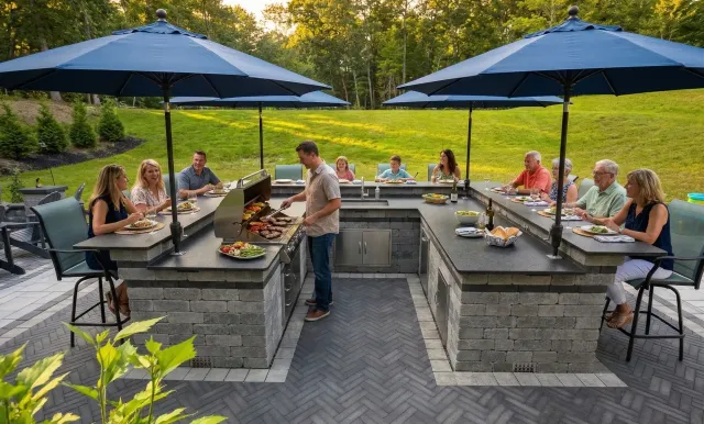 Family cooking and enjoying a custom outdoor kitchen island built by Outdoor Lifestyles