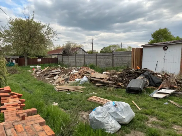 A wide shot of a residential backyard being cleared of overgrown bushes and scattered debris by a landscaping crew, emphasizing the transformation from cluttered to clean.