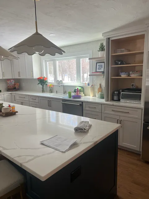 Open Concept Kitchen Island & Quartz Waterfall in MetroWest, MA