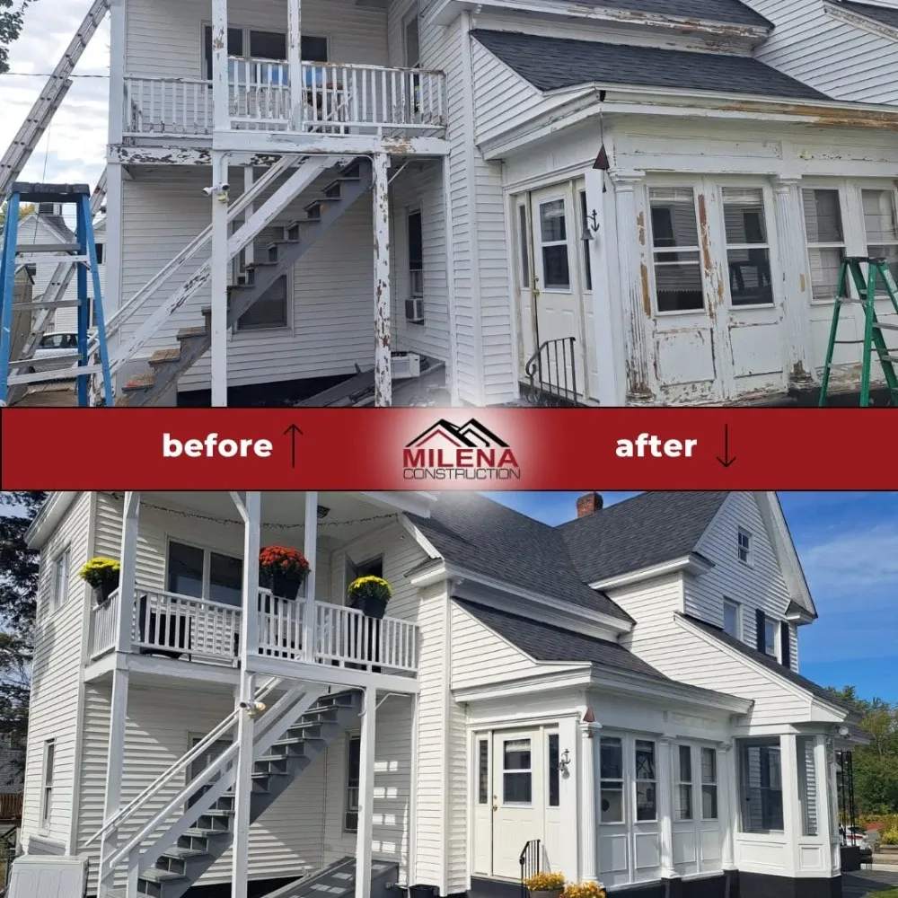 Before and after: porch and exterior repaint on a white New England home