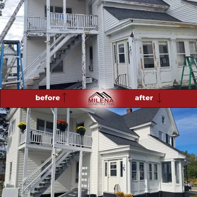 Before and after: porch and exterior repaint on a white New England home