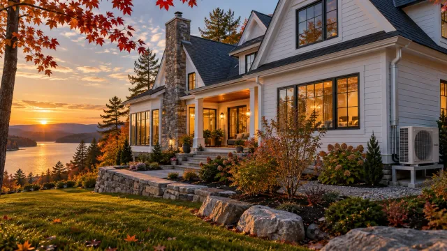 Illustration of a New England home with an outdoor heat pump at sunset