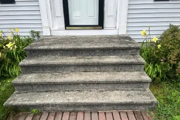 Before: Concrete steps lead up to a white door, surrounded by greenery and yellow flowers. Brick walkway visible at the bottom.