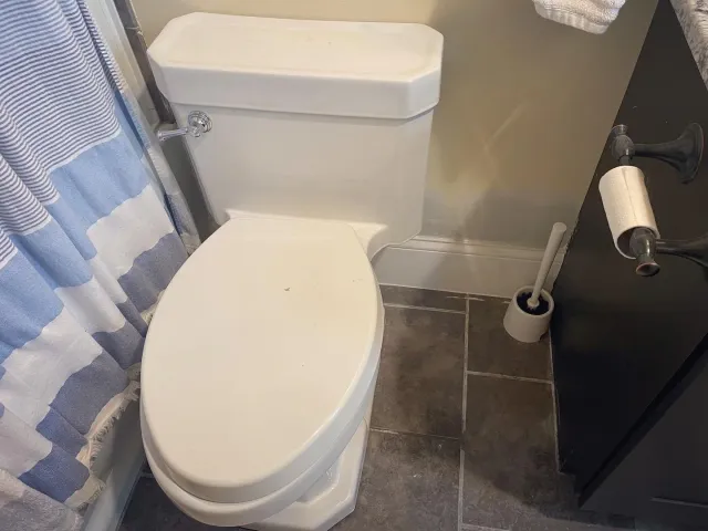 A bathroom with a white toilet, gray tiled floor, black cabinet, and a toilet paper holder with a roll of toilet paper. A toilet brush is in a holder next to the cabinet. There is a blue and white striped shower curtain partially visible.