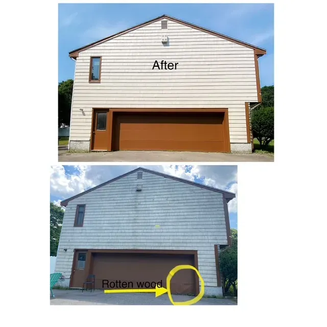 Exterior garage wood repair and painting, before and after