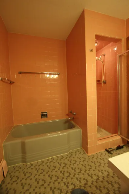 A bathroom with a bathtub and a shower.