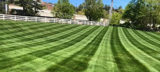 Freshly mowed lawn with professional stripe pattern in Concord NH by Kyle Poirier Landscaping LLC