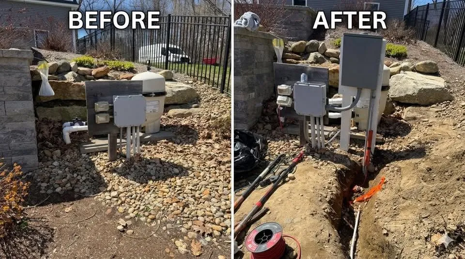 Before-and-after of a backyard utility box installation with trenching and gravel around it.