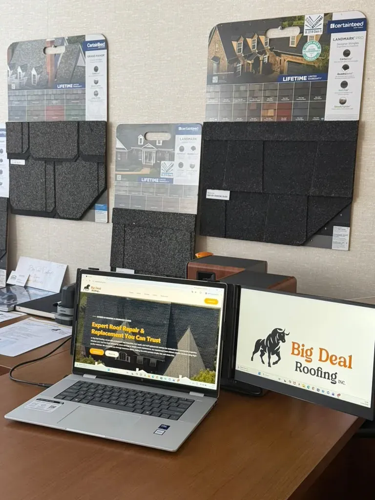 Office workspace with shingle samples