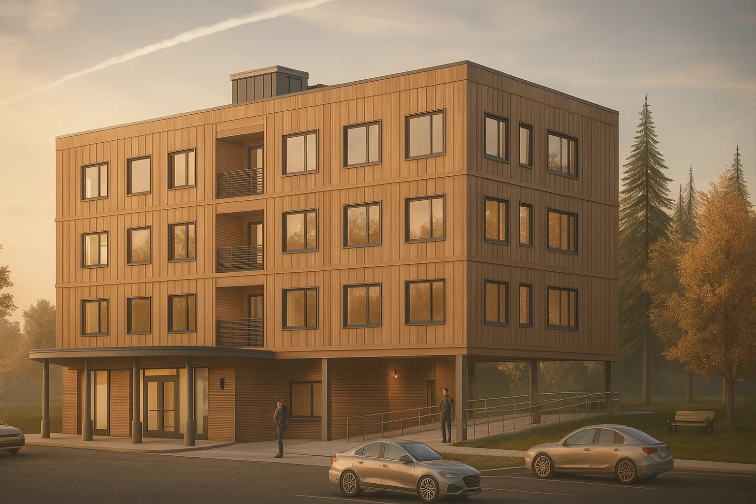 This contemporary mixed-use building transforms an underutilized downtown lot into a vibrant, community-focused development. With ground-floor commercial space and thoughtfully designed housing above, the project promotes walkability, smart growth, a