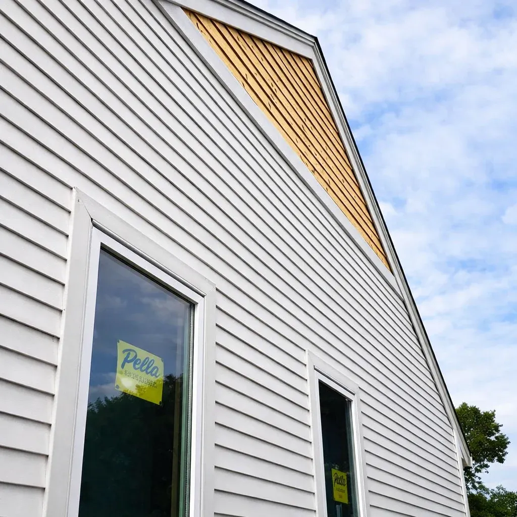 White clapboard siding and cedar shake detail on an accessory dwelling unit in Essex, MA, showcasing windows with Pella branding against a cloudy sky.