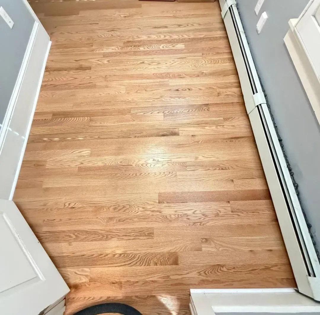 Narrow hallway with light wood flooring and white trim, viewed from above.