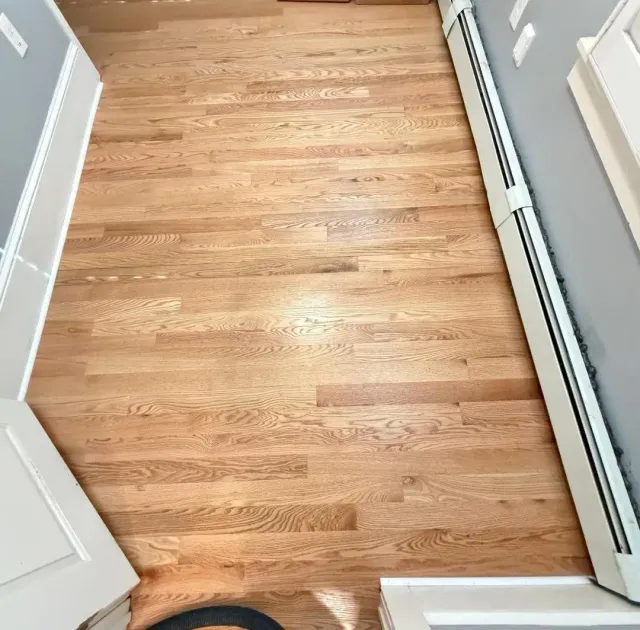 Narrow hallway with light wood flooring and white trim, viewed from above.
