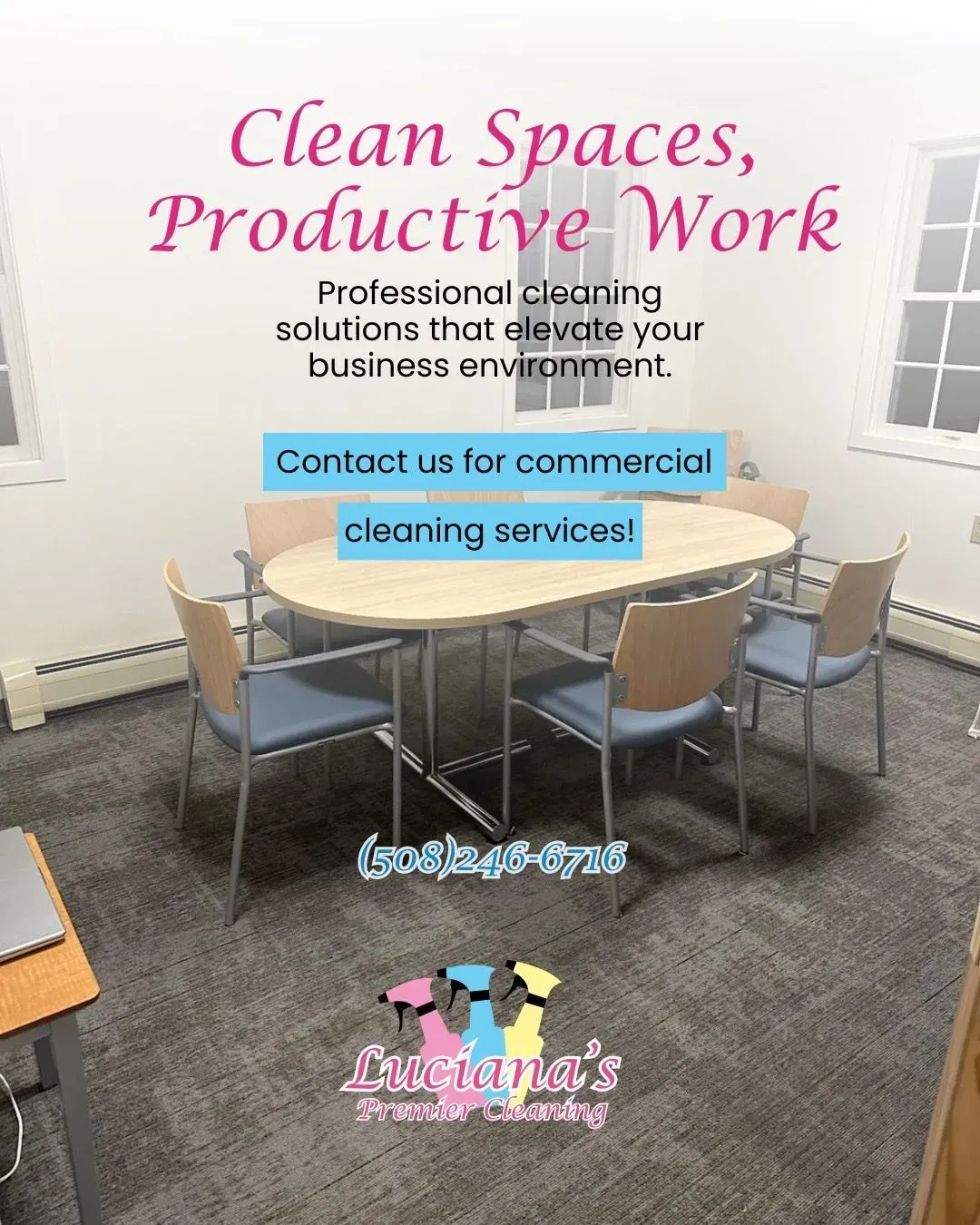 Commercial cleaning ad with conference room, pink headline, blue buttons, and company logo.