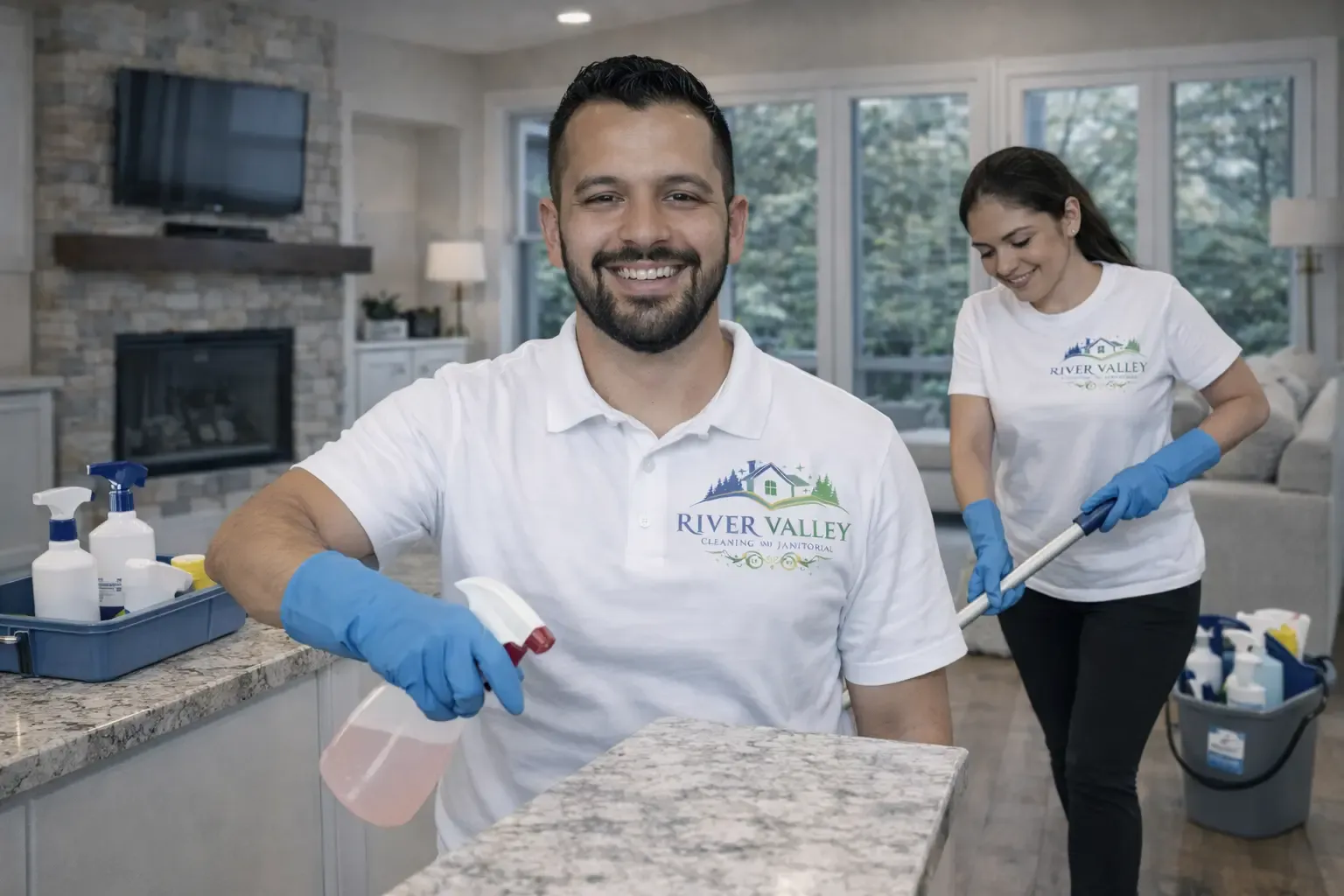 Cleaning professional disinfecting kitchen surface