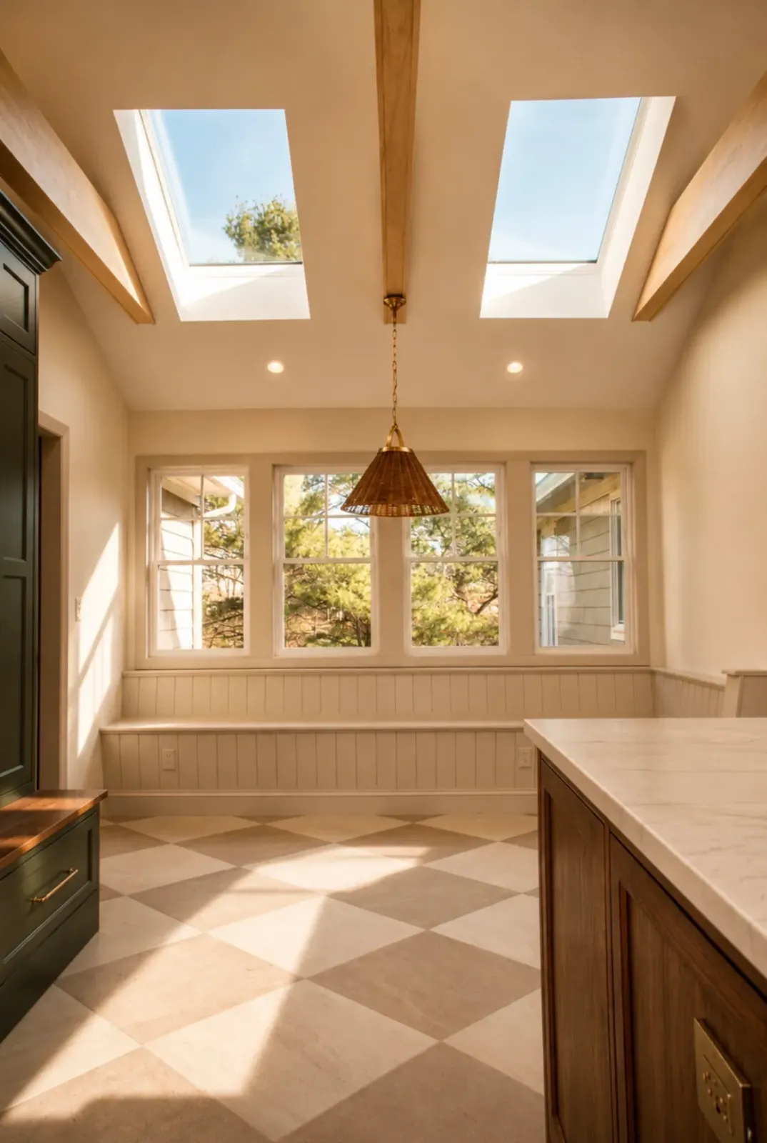 Built-in seating and large windows in the George Street kitchen addition