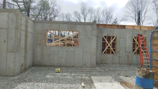 A concrete wall with a ladder in the background is being built.
