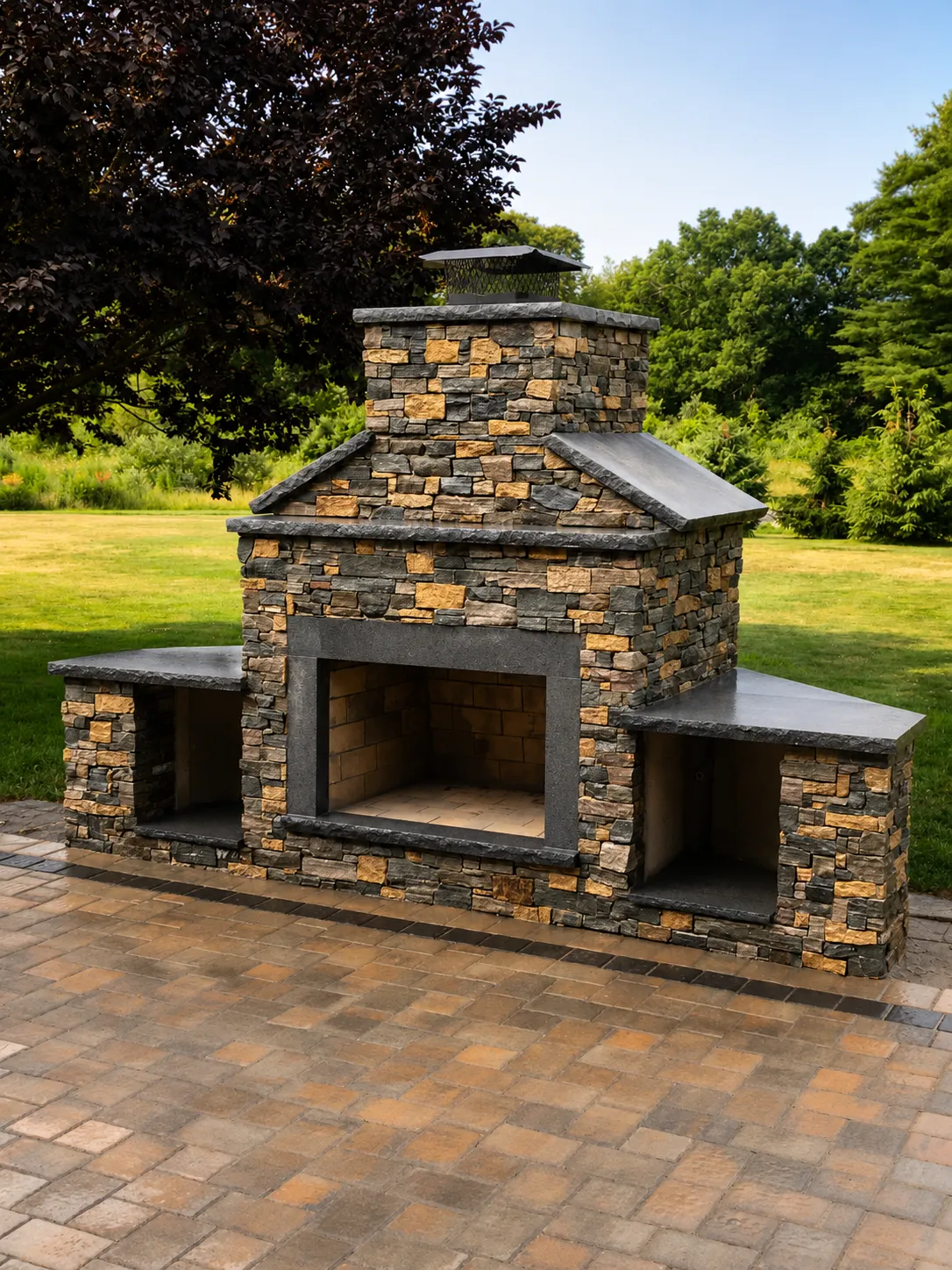 Custom outdoor stone fireplace with dark capstones and paver patio