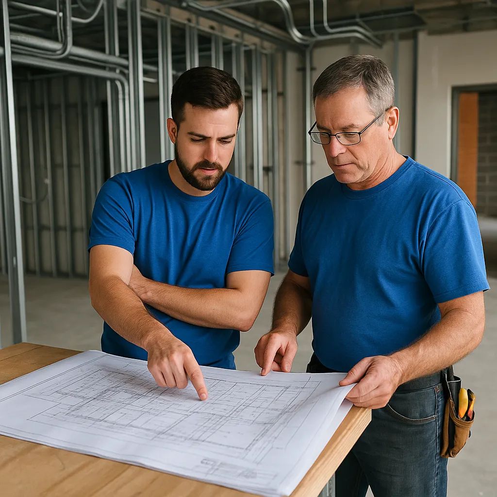 Prevolt Electric commercial electricians reviewing plans and electrical scope for a coordinated electrical project.