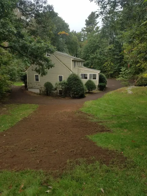 Small cream house with green shutters beside a wooded dirt driveway and grassy yard