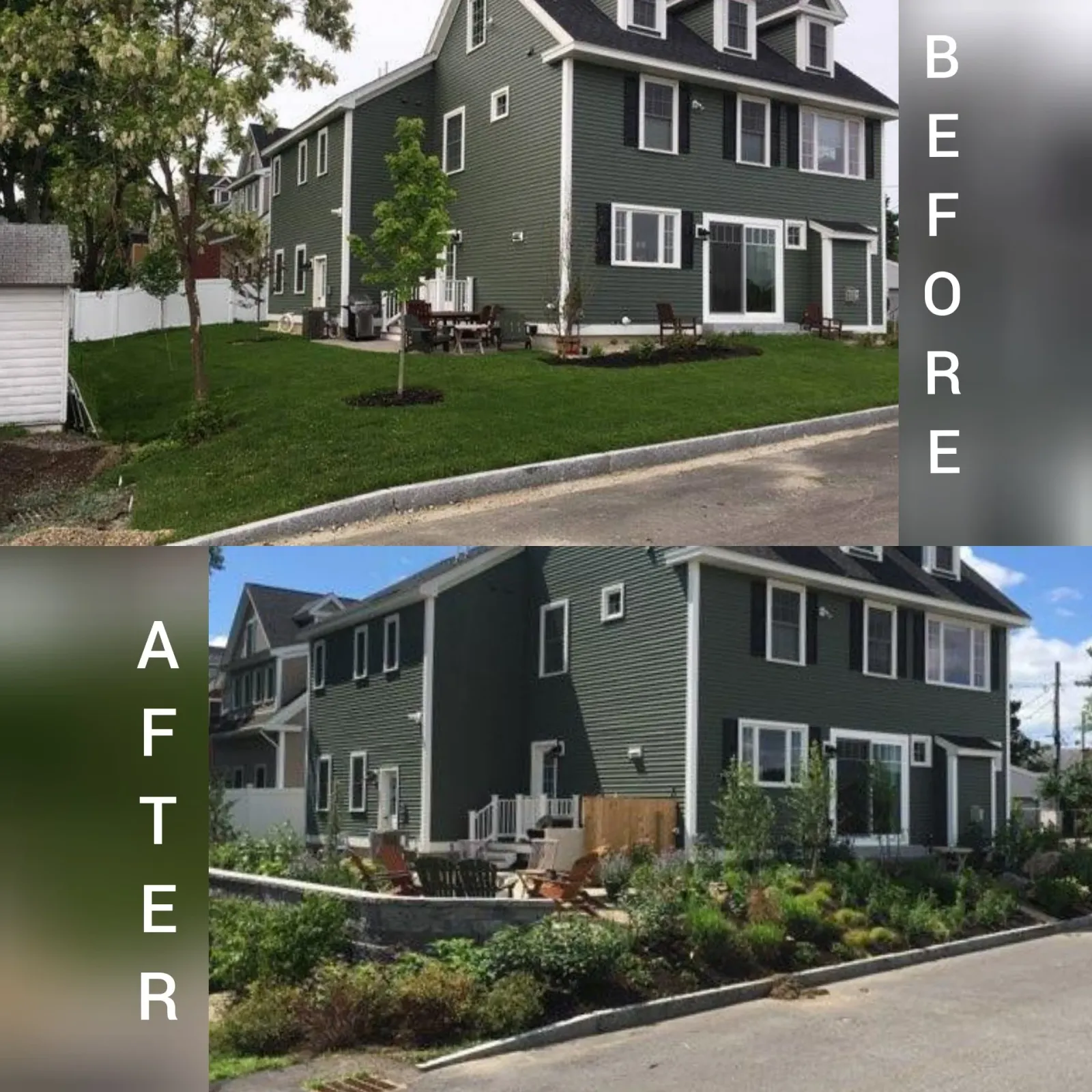 Location: Portsmouth NH  House had an existing foundation planting very tight to the house, the rest of the property was lawn on a very severe slope.  Clients asked for a place to entertain, a nook to enjoy quiet moments and coffee, a small area for
