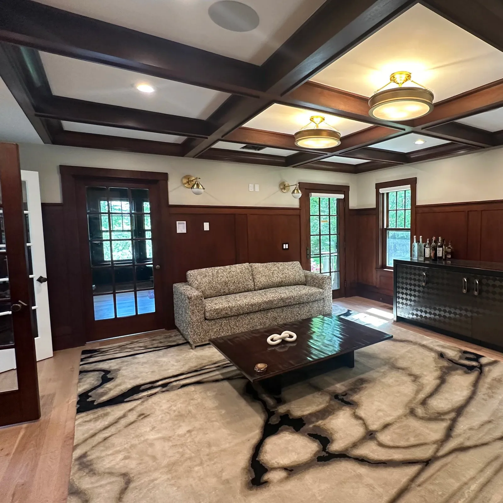 Coffered ceiling with flush-mount fixtures