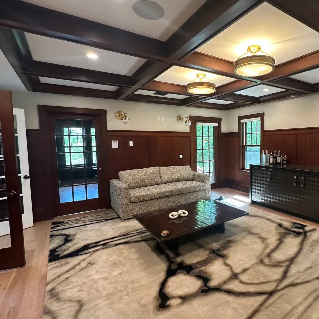 Coffered ceiling with flush-mount fixtures